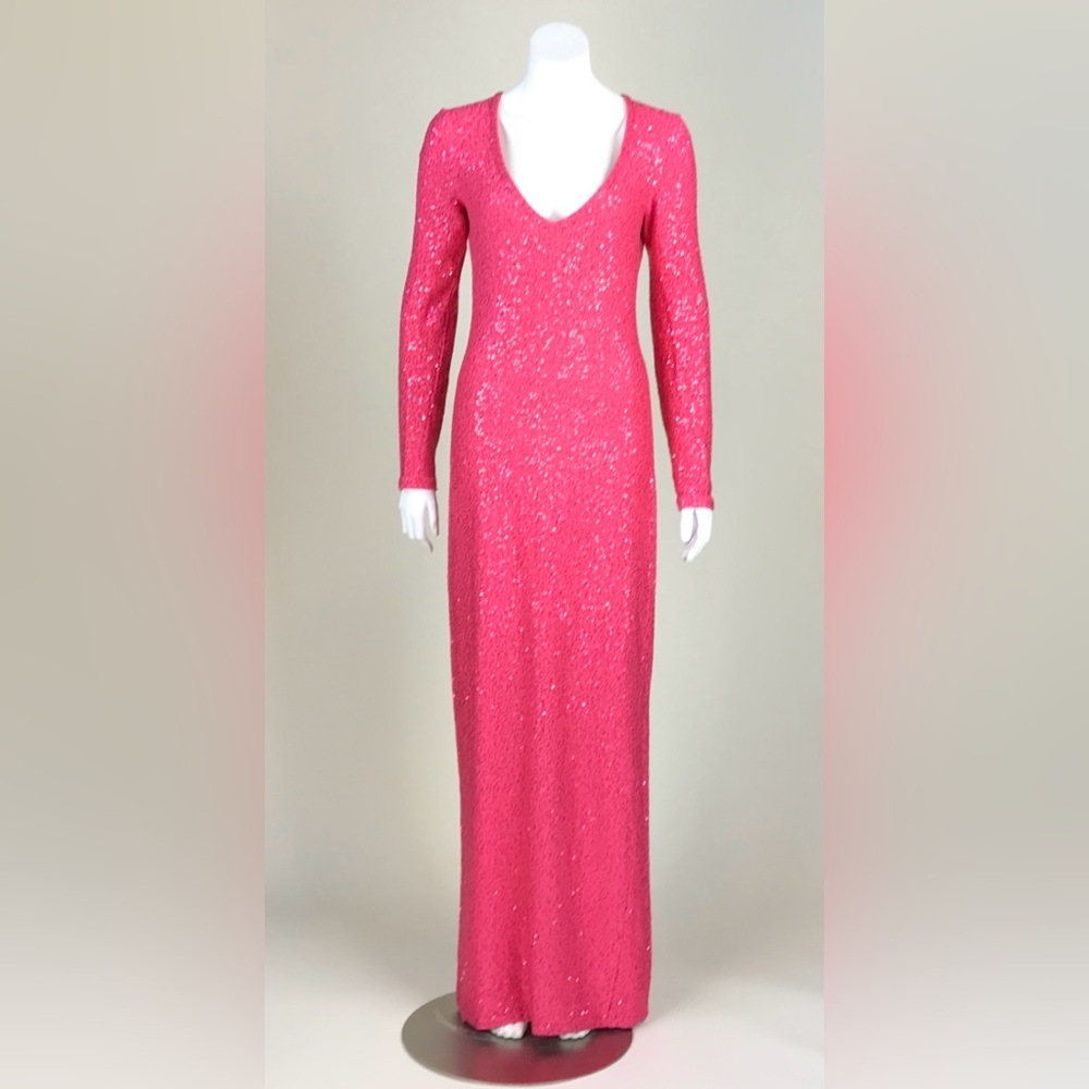NWOT $1990 M Oscar de la Renta Knit Dress Gown Pink Long Sleeve Sequin V Neck 8